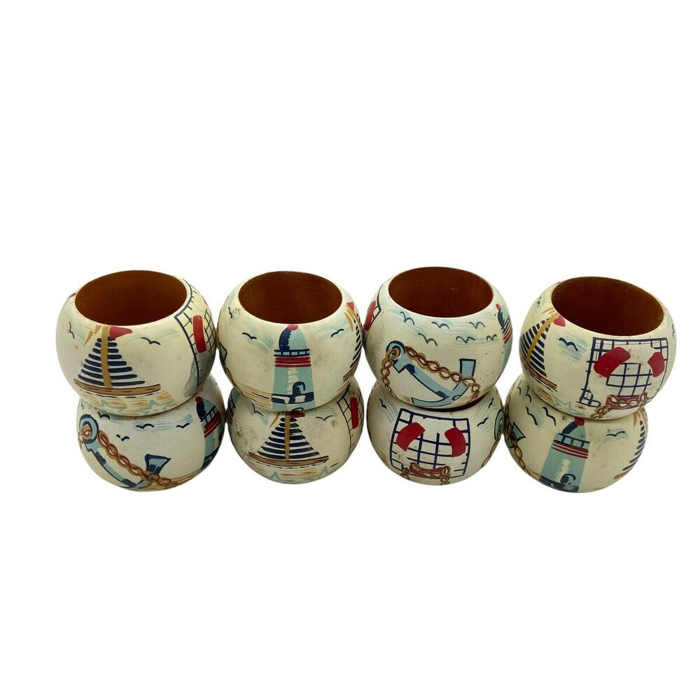 Nautical Napkin Rings Set Of 8 Vtg Multicolor Hand Painted Wooden Round Shape